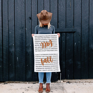 Wholesale fall typography kitchen towel on rustic wood background
autumn sayings cotton towel for cozy farmhouse home
fall word art flour sack towel 
seasonal text kitchen towel with orange glitter fall script