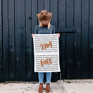 seasonal fall phrases cotton hand towel 
rustic farmhouse fall word towel with black text
fall themed flour sack towel with cozy autumn sayings
cozy fall phrase towel for thanksgiving kitchen décor