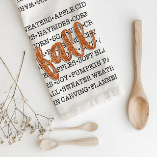 autumn baking scene with fall phrases flour sack towel
fall coffee bar decorated with word art kitchen towel
seasonal fall kitchen accessory cozy words dish towel for wholesale in USA
Fall Words Flour Sack Kitchen Towel – Cozy Autumn Typography Dish & Hand Towel for Farmhouse Kitchen Décor