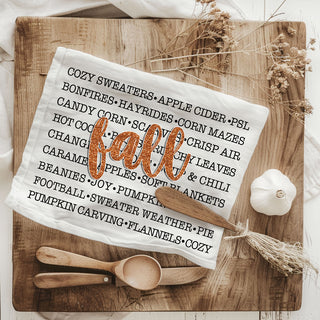 fall phrase dish towel for oven door décor
minimal white fall towel with scripted fall and word collage
autumn sayings flour sack towel for seasonal kitchen styling