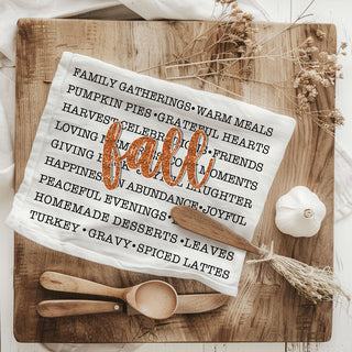 thanksgiving kitchen accent fall words cotton tea towel
cozy fall home gift fall words flour sack towel
autumn décor idea featuring fall text kitchen towel
fall phrases towel in neutral farmhouse dining room