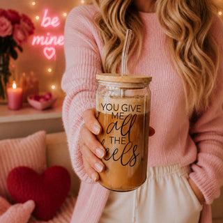 You give me all the feels coffee cup with wood lid and straws. Funny valentines day gifts for her or him. 
Funny glass cups 20oz. 
"You Give Me All the Feels" glass cup with bamboo lid and straw, 20oz.
20oz glass cup with bamboo lid and glass straw, featuring "You Give Me All the Feels" saying.