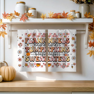 fall favorites pink kitchen towel flannels pumpkins bonfires
feminine fall décor towel with bubbly letters 
pink fall kitchen accent towel 
trendy fall towel in pink tones for modern kitchen
pink retro fall gift towel 