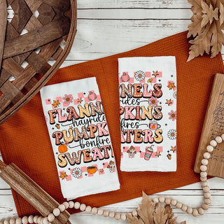 fall kitchen linen with pink groovy letters and icons
soft pink autumn flour sack towel for seasonal decorating
girly fall bar cart towel with pumpkins and coffee cup print
pink fall decor kitchen towel with retro design
cute pink halloween and fall dish towel gift