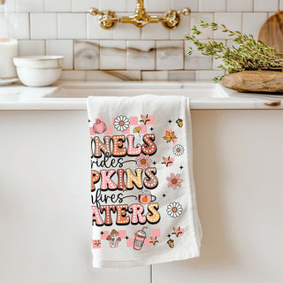 fall hostess gift pink retro flannels and pumpkins towel
seasonal kitchen décor towel for hayrides and bonfire nights
modern farmhouse fall towel with pink retro fonts
fall apartment décor towel girly pink pumpkin design
pink and cream fall lettering towel for chic fall décor