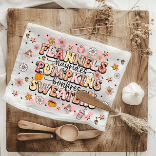 cute fall phrases towel for teen girl bedroom décor
pink autumn kitchen towel 
cozy girl fall towel with pumpkins coffee and sweaters
pastel fall towel perfect for influencer style kitchen décor
pink retro fall themed dish towel for thanksgiving prep