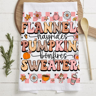 pink retro fall kitchen towel flannels hayrides pumpkins bonfires sweaters
girly fall dish towel with pink and orange retro Fonts
flour sack cotton fall towel with bubbly fall words design
retro 70s style fall kitchen towel in pink and brown
pink cozy season towel for flannels pumpkins and sweaters décor