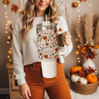 cute thanksgiving floral tumbler
stylish autumn floral drinkware
warm cozy flower tumbler
fall market aesthetic tumbler
neutral floral cup with straw lid
cute floral tumbler for office desk
autumn leaves and flowers aesthetic cup
cozy coffee bar floral tumbler
minimalist fall floral tumbler