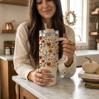 Wholesale Floral Fall 40oz Tumbler with Handle | Autumn Flowers Travel Cup with Straw | Neutral Pumpkin Spice Aesthetic Coffee Tumbler