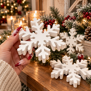 white snowflake Christmas tabletop decor
wooden Christmas snowflake decorations
neutral Christmas snowflake decor
farmhouse holiday snowflake decor set