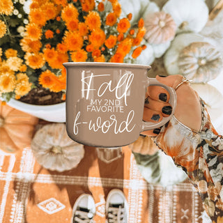 funny fall drinkware for seasonal hot cocoa
fall is my 2nd favorite f word close up product shot
funny fall quote mug styled with mini pumpkins
autumn coffee mug with edgy adult humor phrase