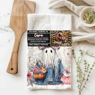 soft pink floral ghost towel for farmhouse fall kitchen
cute ghost holding pumpkin towel for fall hostess gift
floral ghost decorative towel for halloween tiered tray