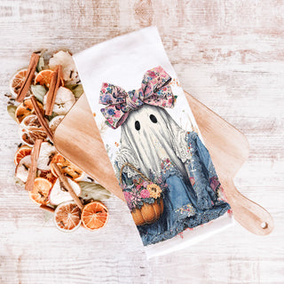 pink bow ghost towel hanging on oven handle
fall floral ghost cotton towel for cottage kitchen
ghost and pumpkin floral wreath style dish towel
romantic halloween kitchen towel with lace denim ghost
pink floral ghost towel for thanksgiving and halloween décor