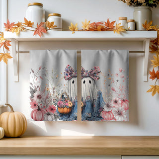 girly ghost fall towel for pumpkin spice lovers
floral ghost tea towel for shabby chic halloween décor
sweet ghost and pumpkin bouquet towel for harvest season