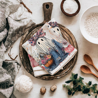 cute floral ghost kitchen towel for halloween and fall
pink ghost themed dish towel for autumn home décor
girly halloween ghost towel for fall coffee station