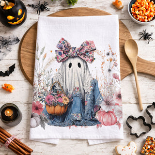 girly ghost fall towel for pumpkin spice lovers
floral ghost tea towel for shabby chic halloween décor
sweet ghost and pumpkin bouquet towel for harvest season