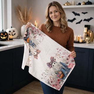 feminine ghost design towel for october brunch hosting
floral ghost and pumpkin patch towel for girly halloween
romantic boho ghost towel with blush florals and greenery