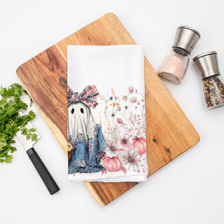 pink floral ghost kitchen towel paired with rose gold décor
girly ghost pumpkin towel for tween or teen bedroom décor
soft floral ghost towel unique halloween gift for mom