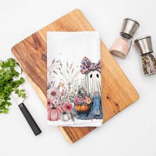 pink floral ghost cotton towel hanging on rustic ladder
cute ghost in dress towel for pastel halloween kitchen
pretty fall ghost towel for instagram worthy coffee nook
