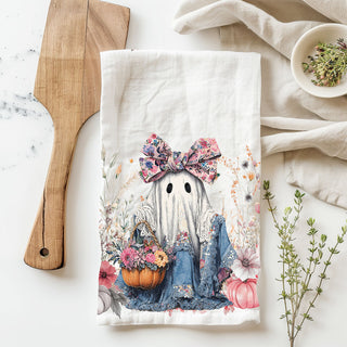 floral ghost print towel for rustic wood kitchen display
pink ghost and pumpkin towel for halloween baking days
cottage style floral ghost towel hanging on oven door