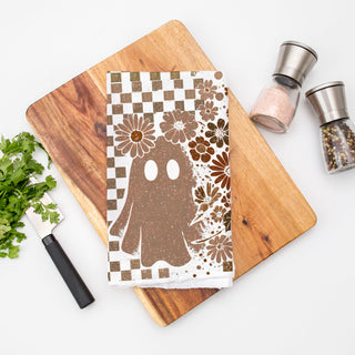 Wholesale autumn dish towel with skull motif and brown checks
groovy retro halloween towel with daisies and ghost
boho chic skull towel for cozy fall home décor