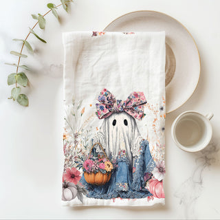 pink halloween kitchen towel with aesthetic ghost design
floral ghost flour sack towel for autumn coffee bar
denim dress ghost towel for cute spooky season décor
soft cotton halloween ghost hand towel with flowers