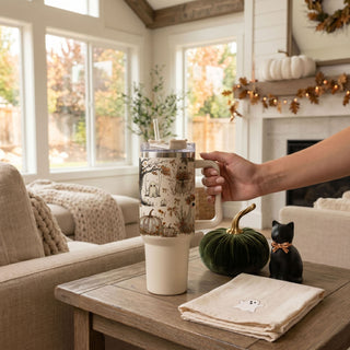 Bohemian floral cottagecore Halloween tumbler design

Autumn ghost tumbler with flowers and pumpkins

Cottagecore spooky tumbler with sunflower details

Boho chic Halloween tumbler with floral ghosts
ghost tumbler for cozy home aesthetic
cozy ghost tumbler for pumpkin spice lovers
cute spooky coffee cup with handle
Fall floral tumbler with ghost and pumpkin artwork