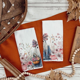 pink floral ghost kitchen towel for fall décor
cute halloween ghost dish towel with denim dress and flowers
girly ghost fall tea towel with pink bow and pumpkins
cottagecore ghost kitchen towel with florals and pumpkin basket