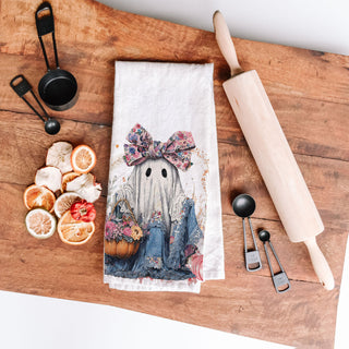 pastel halloween ghost towel for neutral boho décor
pretty ghost and flowers towel for october kitchen styling
pink cottagecore ghost towel for whimsical fall décor