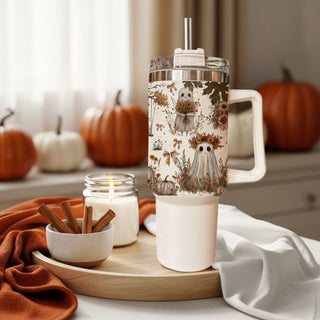 autumn cottagecore ghost tumbler
cute spooky ghost hydration cup
neutral cozy season halloween tumbler
ghost tumbler with bows and flowers
cozy spooky girl coffee tumbler
cute ghost tumbler aesthetic for moms
neutral warm toned ghost tumbler
pumpkin spice ghost coffee cup