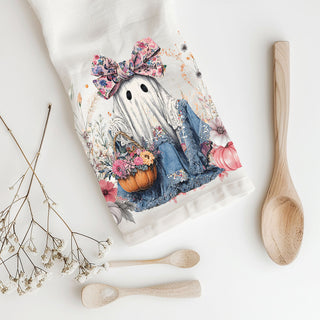 feminine fall kitchen towel with pink pumpkins and ghost
pretty ghost dish towel for pastel halloween decorating
pink and floral halloween towel for farmhouse kitchen
aesthetic ghost tea towel with wildflowers and denim