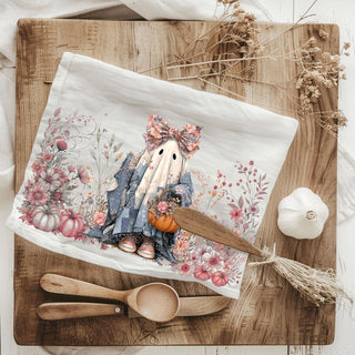 cottagecore floral ghost towel for rustic fall home
pink floral halloween kitchen towel gift for her
ghost in lace and denim towel for shabby chic décor
soft pink pumpkin and ghost towel for fall baking station
delicate floral ghost towel for romantic autumn kitchen