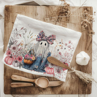 cottagecore floral ghost towel for rustic fall home
pink floral halloween kitchen towel gift for her
ghost in lace and denim towel for shabby chic décor
soft pink pumpkin and ghost towel for fall baking station
delicate floral ghost towel for romantic autumn kitchen