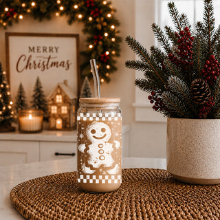 Festive coffee bar gift – retro checkered gingerbread glass tumbler for hot drinks
Unique holiday coffee cup – retro Christmas glass tumbler gift for kitchen or office
Teacher Christmas gifts retro gingerbread glass tumbler 17oz - Holiday coffee cup bamboo lid appreciation
