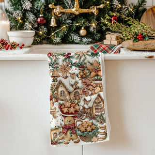 rustic Christmas baking towel gingerbread houses
farmhouse holiday cookie kitchen towel
country style Christmas kitchen towel baking theme
cozy cottage kitchen Christmas towel
rustic holiday kitchen linen cookie design