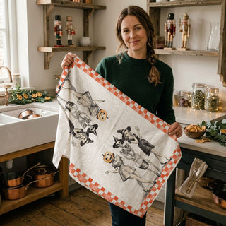 vintage orange check halloween towel for cottage kitchen
retro halloween pinup towel reminiscent of i dream of genie
classic black and orange halloween dish towel with gingham trim