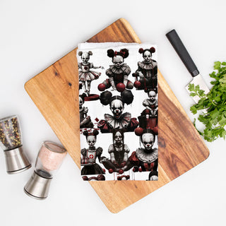 creepy porcelain clown doll towel for eerie fall décor
bloody clown and doll towel for haunted farmhouse kitchen
scary clown grin towel for halloween baking station