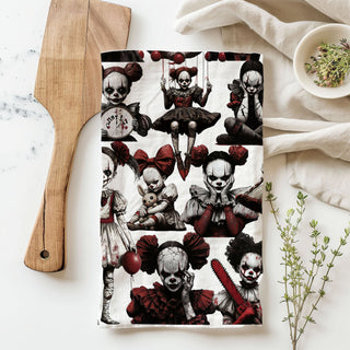 chilling clown doll towel for haunted housewarming gift
creepy child clown tea towel for halloween coffee station
scary doll clown pattern towel for alternative kitchen décor
nightmare circus halloween towel with creepy clown girls