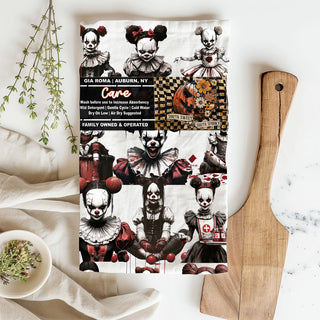 scary clown hostess gift towel for halloween party
horror doll dish towel for haunted farmhouse kitchen
creepy clown balloon design towel scary home accessory