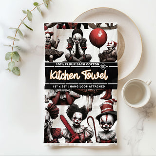 unique horror themed kitchen towel with creepy dolls
gothic halloween flour sack towel with red balloon clowns
evil clown face tea towel for scary season home décor