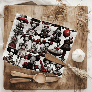 creepy clown girl pattern towel for gothic bathroom décor
halloween creepy character towel red black white design
spine-chilling clown doll tea towel for october décor