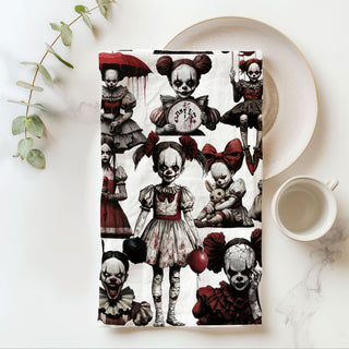 halloween home décor towel with cracked face clown dolls
nightmare clown girl dish towel for horror fan kitchen
haunted carnival themed towel for halloween hostess gift