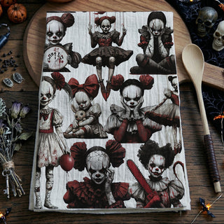 creepy clown girl fabric towel for eerie halloween styling
Creepy Clown Girl Halloween Flour Sack Towel – Scary Doll Horror Kitchen Dish Towel
spooky Halloween gift for horror lovers and creepy clown fans
scary clown dish towel for gothic halloween décor