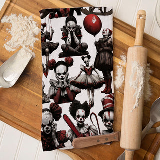 spooky clown doll print towel for haunted home
creepy clown balloon towel for trick or treat party
dark carnival horror towel for halloween bar area
evil clown doll cotton towel for spooky apartment décor