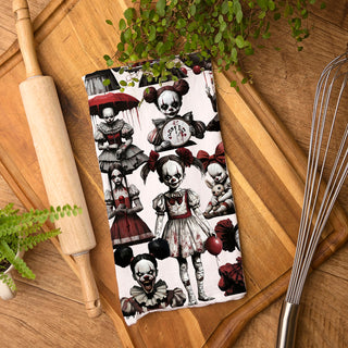horror themed dish towel scary clown girl illustration
gothic halloween gift creepy clown kitchen towel
spooky clown costume towel for horror movie marathon night