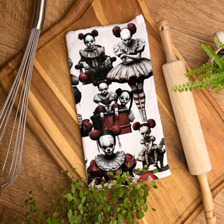 scary red nose clown towel on rustic cutting board
creepy clown and bunny doll towel for eerie kitchen styling
disturbing clown girl artwork towel for alternative halloween décor
