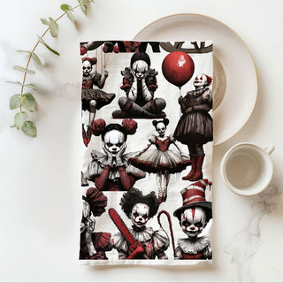 halloween home décor towel with cracked face clown dolls
nightmare clown girl dish towel for horror fan kitchen
haunted carnival themed towel for halloween hostess gift