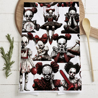 Wholesale creepy clown girl halloween kitchen towel
scary doll and clown dish towel red and white design
horror clown flour sack towel for spooky kitchen décor
bloody clown doll halloween tea towel on cutting board
