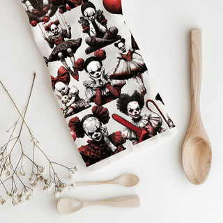 scary clown and doll flour sack towel for dark décor
creepy haunted toy towel unique halloween home gift
scary doll print towel for trick or treat table décor
