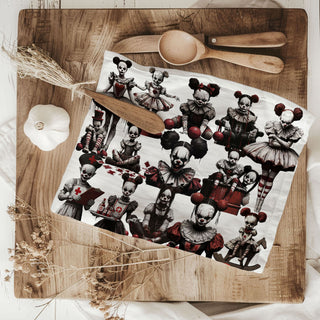 creepy clown and doll print cotton hand towel
scary clown girl artwork towel hanging on oven handle
bloody costume clown dish towel for halloween décor
